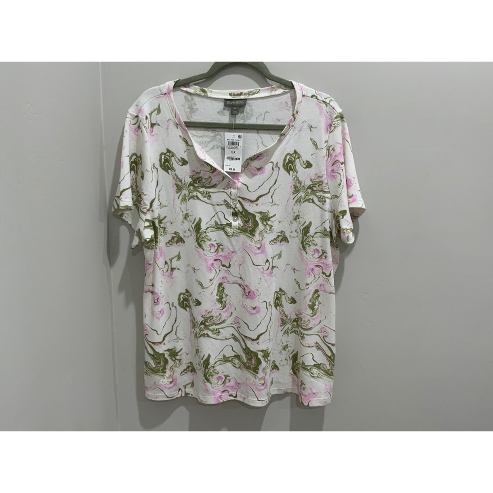 Style & Co Women 2X Henley Top Short Sleeve Pink Green Marble Print Tee New